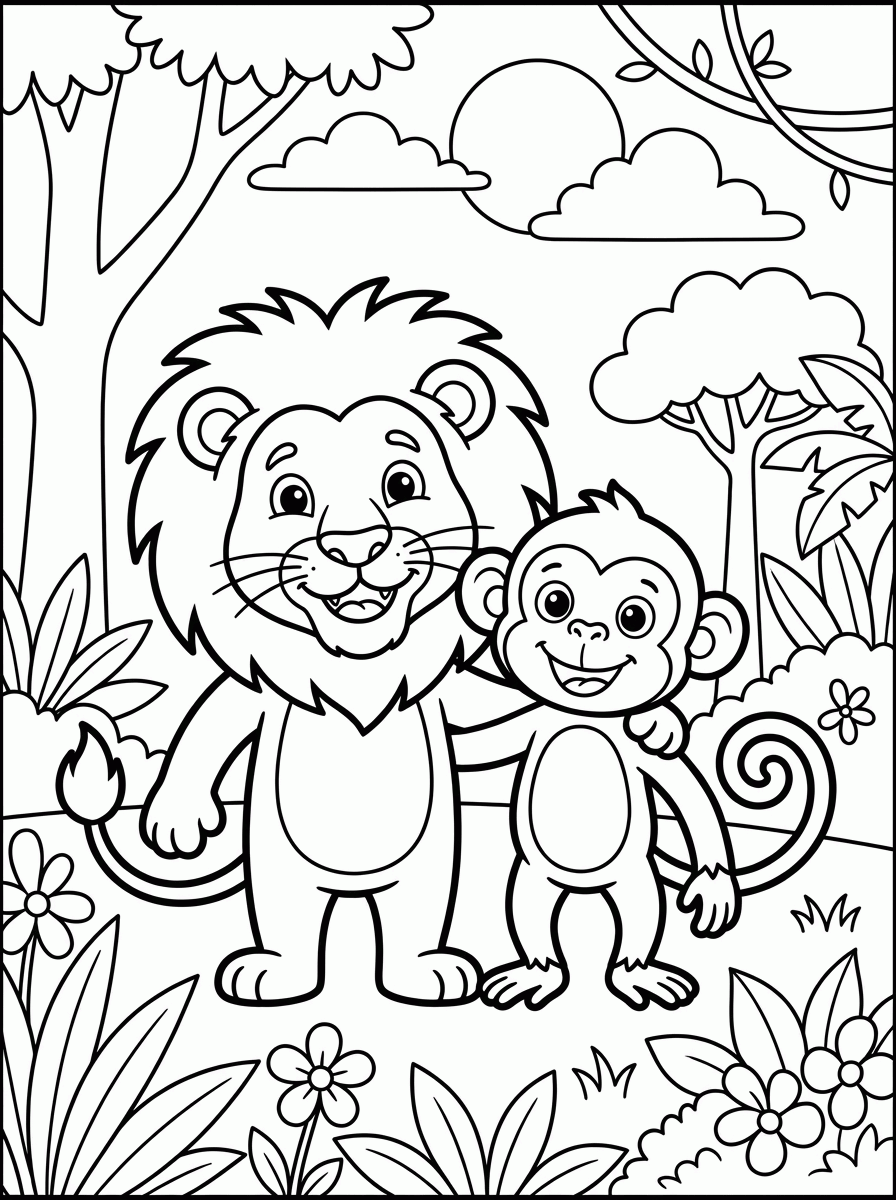 Leão e Macaco Amigos para colorir