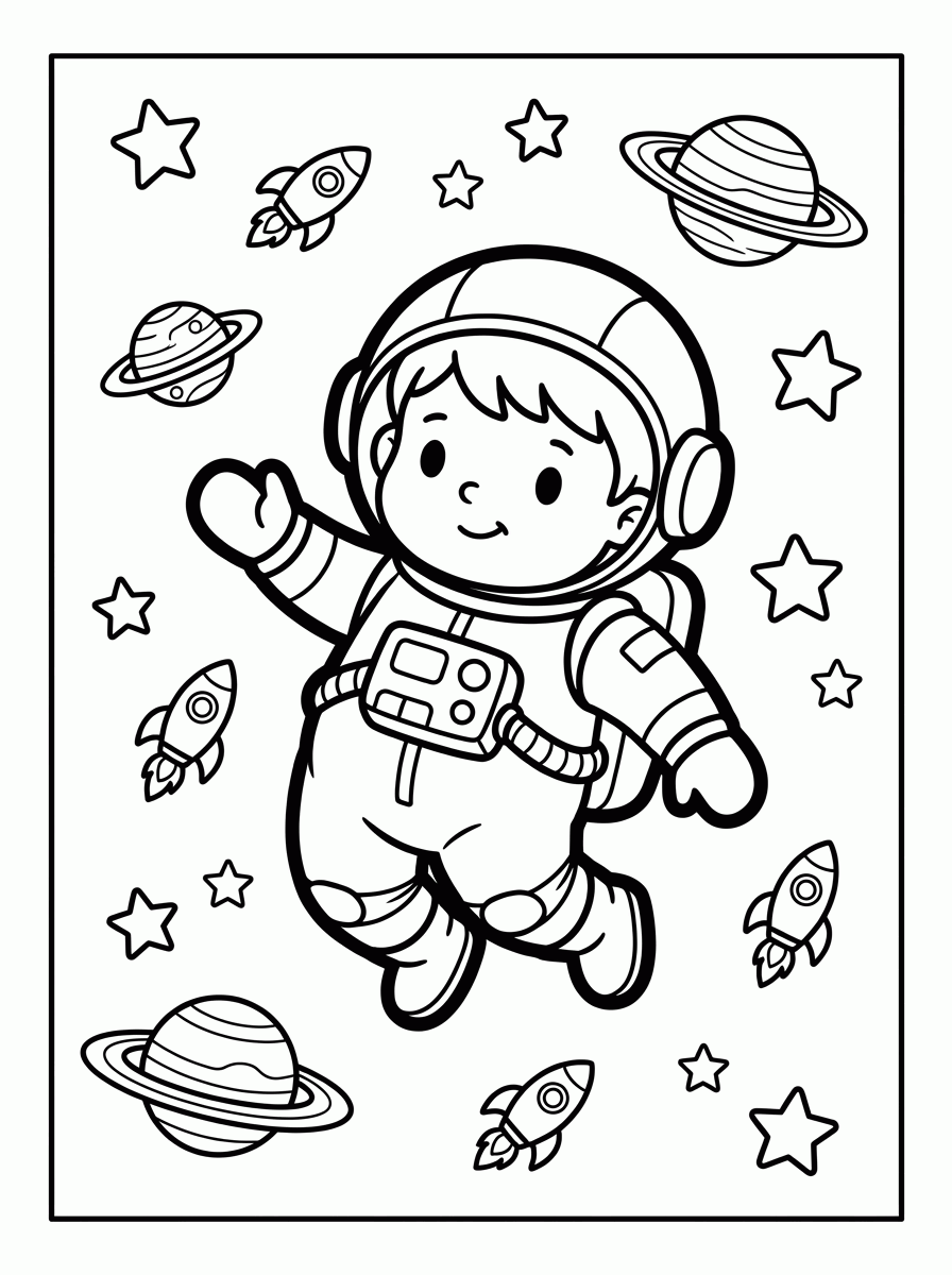 Astronauta entre Planetas para colorir