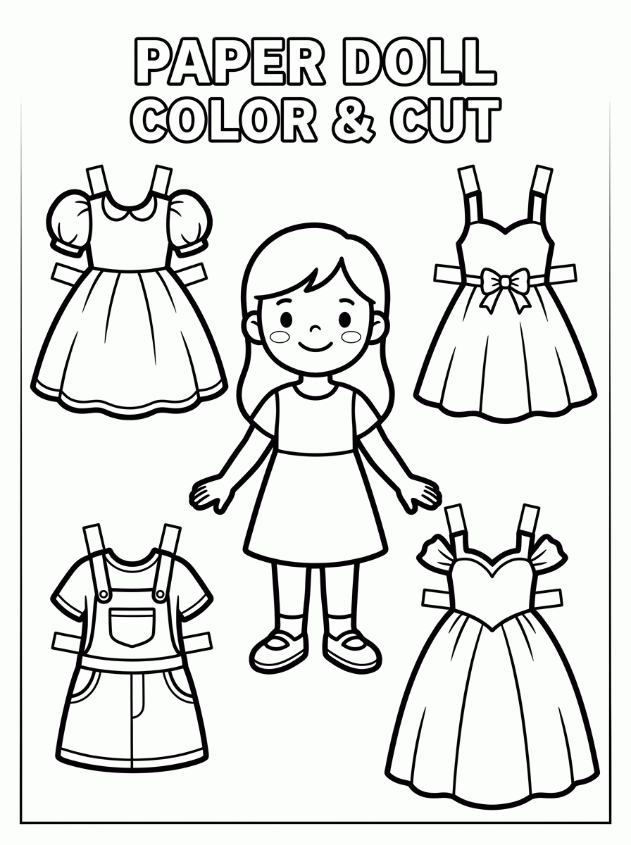 Boneca de Papel com Vestidos para colorir