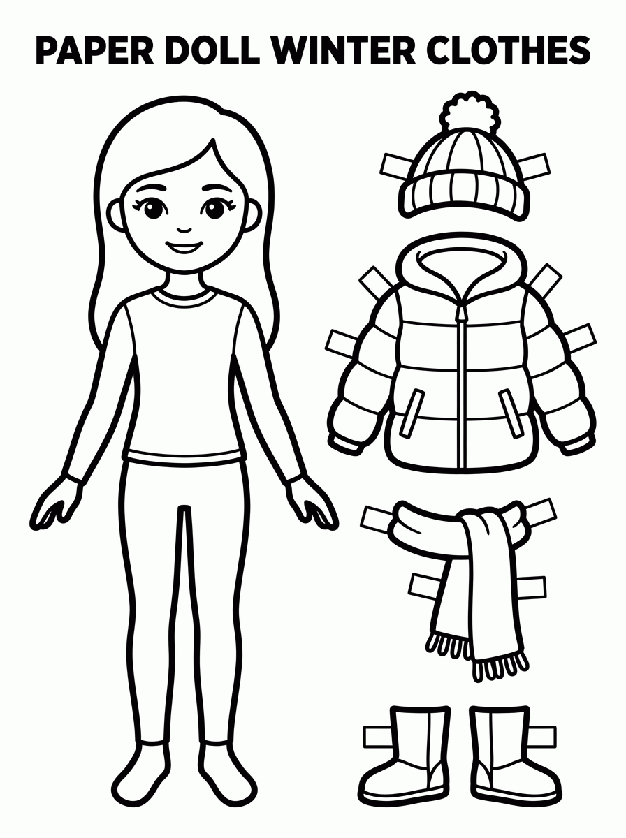 Boneca de Papel com Roupas de Inverno para colorir