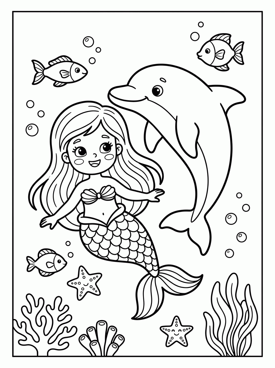 Sereia com Golfinho para colorir