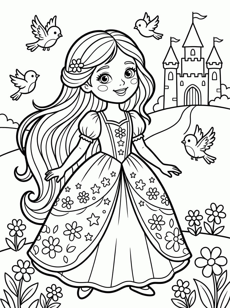 Rapunzel com Passarinhos para colorir