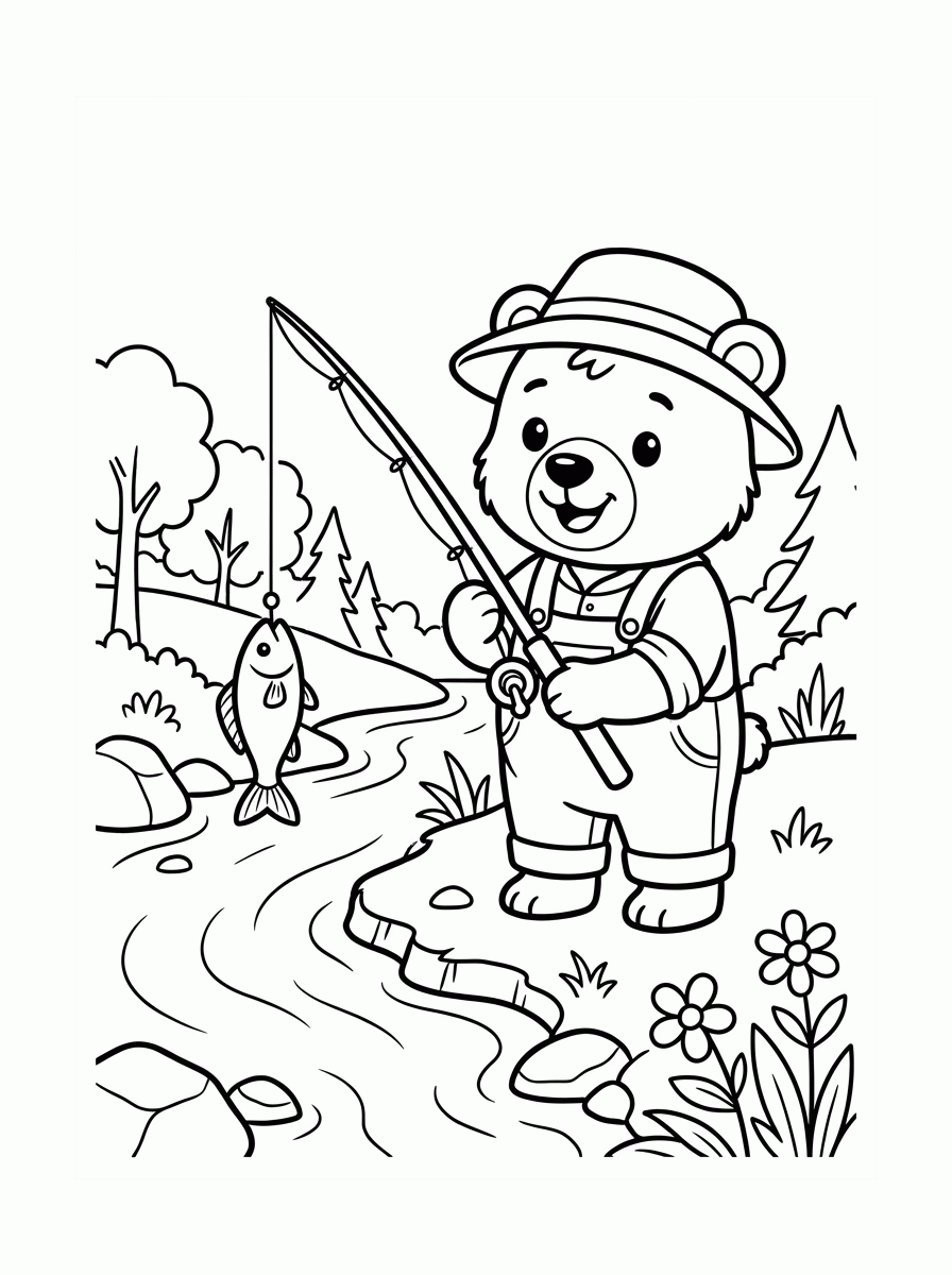 Urso Pescando para colorir