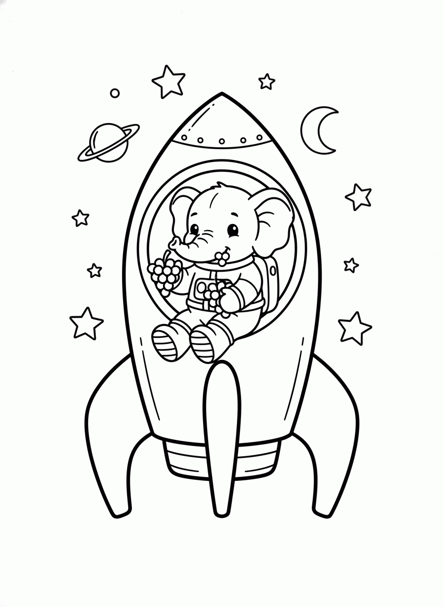 Elefante astronauta dentro de um foguete comendo uva