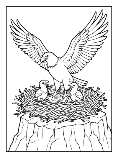 Desenho de Águia no Ninho com Filhotes para colorir