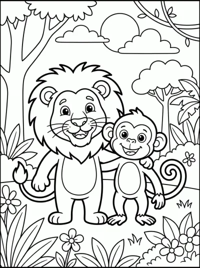 Desenho de Leão e Macaco Amigos para colorir