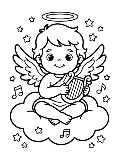 Desenho de Ángel Tocando el Arpa para colorir