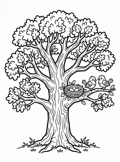Desenho de Roble con Nido de Pájaros para colorir