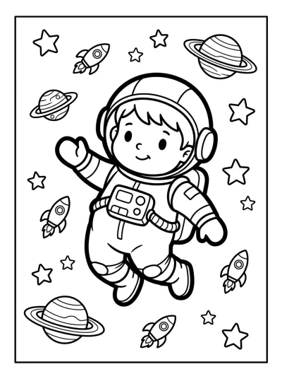 Desenho de Astronauta entre Planetas para colorir