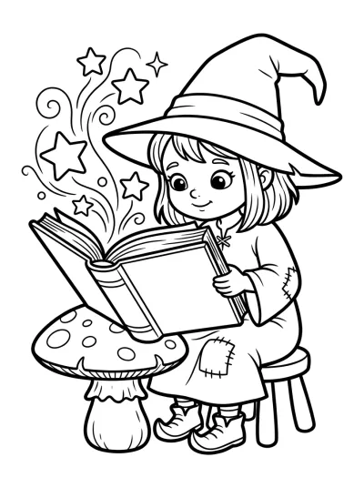 Desenho de Bruja con Libro Mágico para colorir