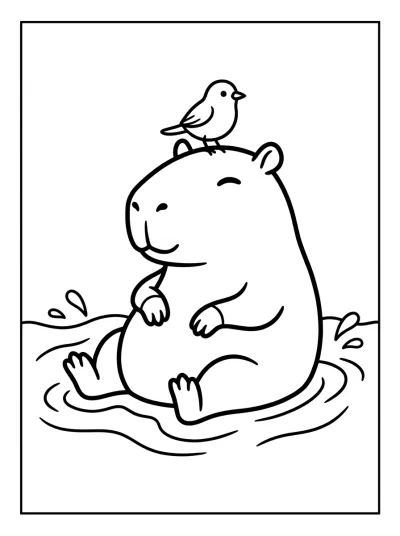 Desenho de Capibara con Pajarito para colorir