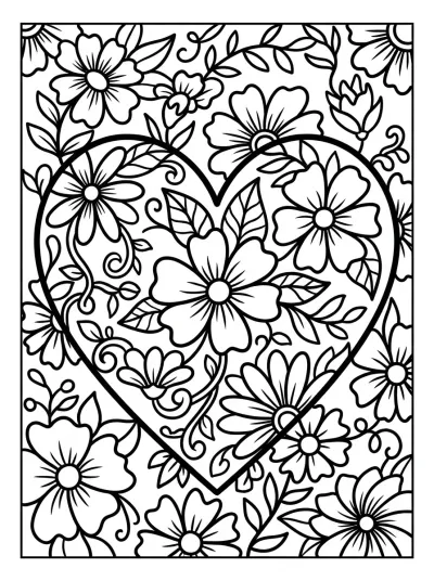 Desenho de Corazón con Flores para colorir