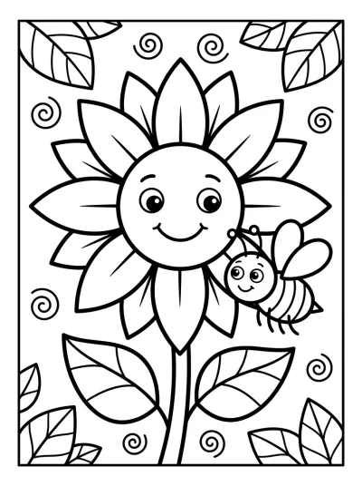 Desenho de Girassol com Abelha para colorir