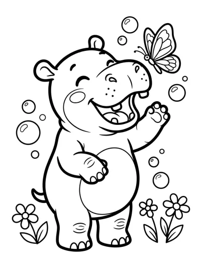 Desenho de Hipopótamo Bebé con Mariposa para colorir