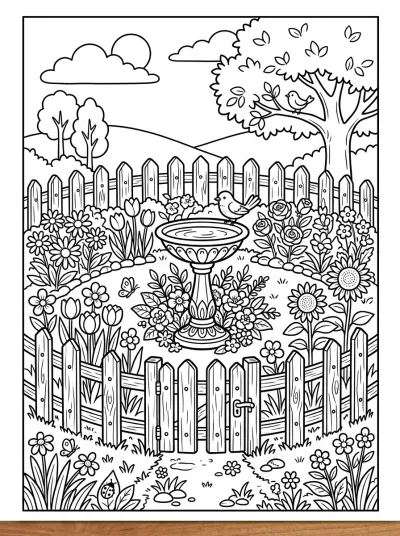 Desenho de Jardín con Bebedero para colorir