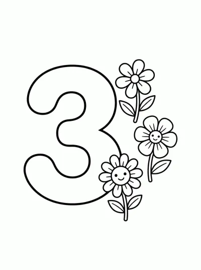 Desenho de Número 3 con Flores para colorir