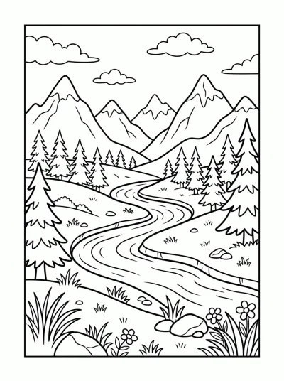 Desenho de Montañas y Río para colorir