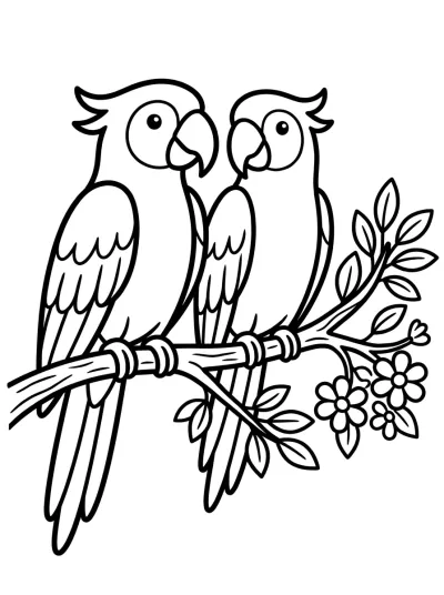 Desenho de Dois Papagaios no Galho para colorir