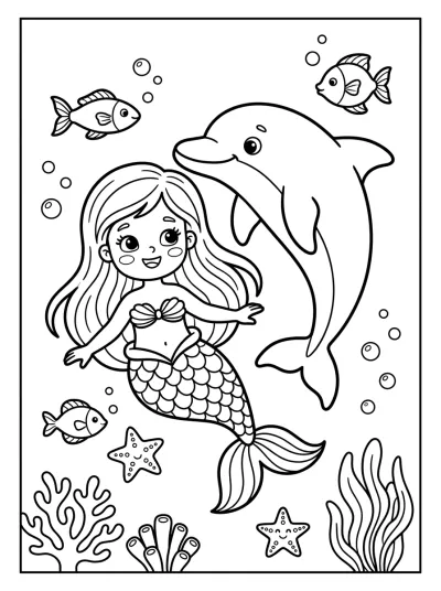 Desenho de Sirena con Delfín para colorir