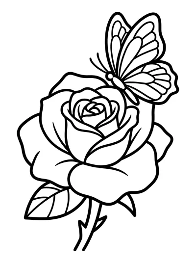 Desenho de Rosa con Mariposa para colorir
