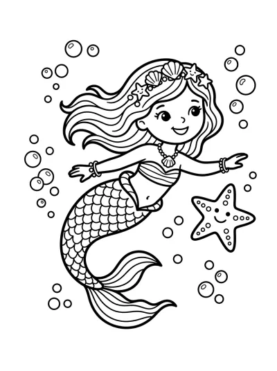 Desenho de Sirena con Estrella de Mar para colorir