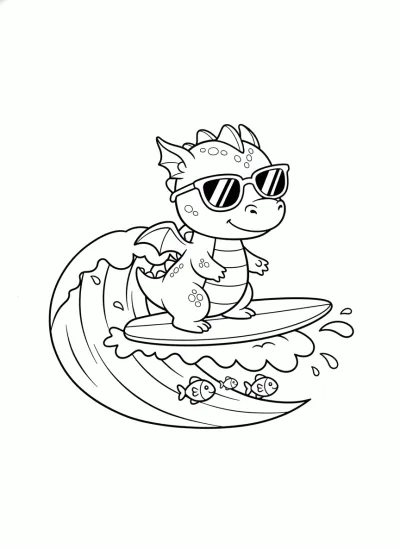 Dragão fofo surfando