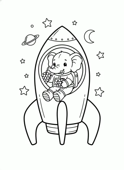 Elefante astronauta dentro de um foguete comendo uva